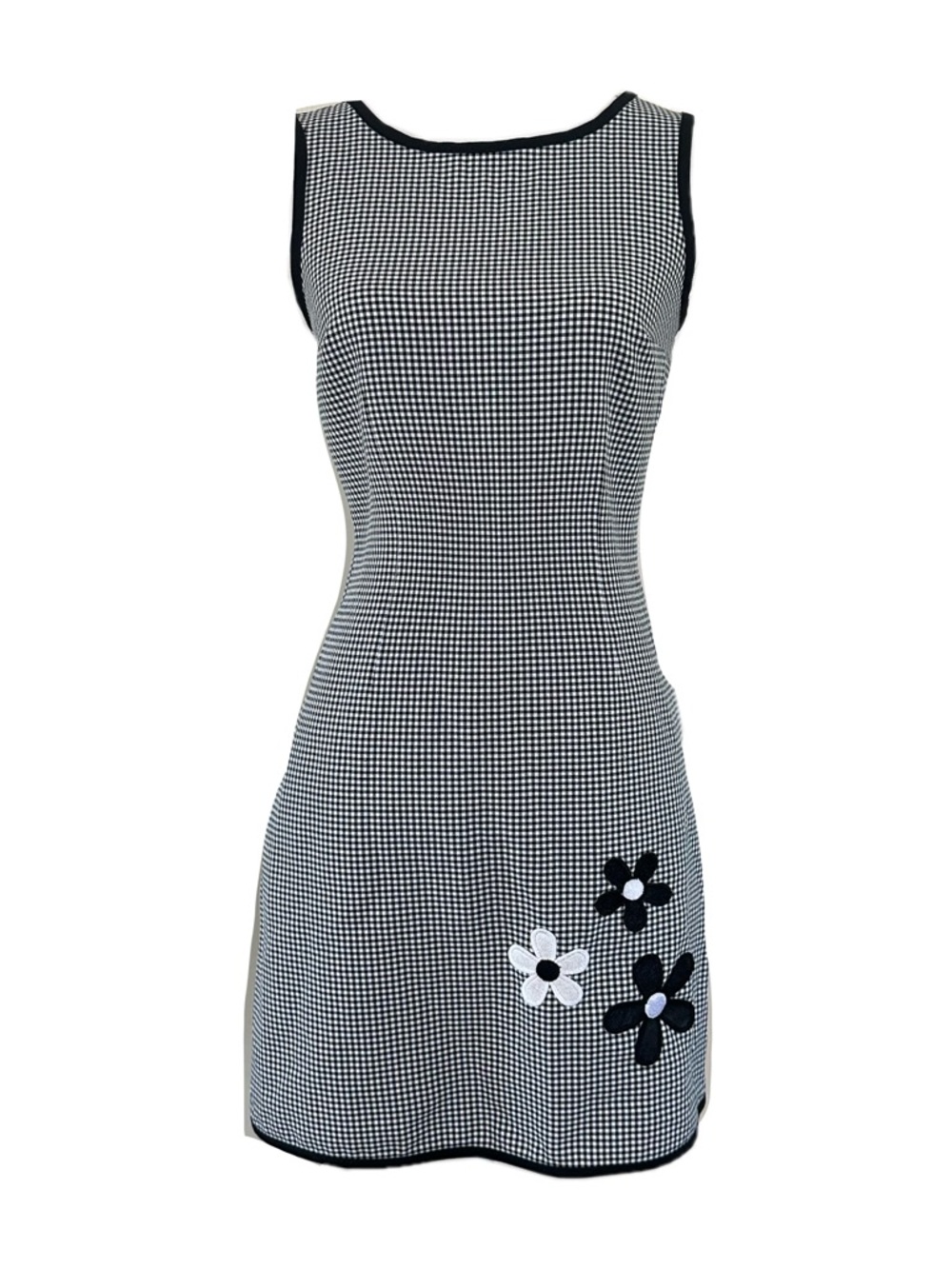I.N. San Francisco Black & White Gingham Mini Dress with Floral Appliqués